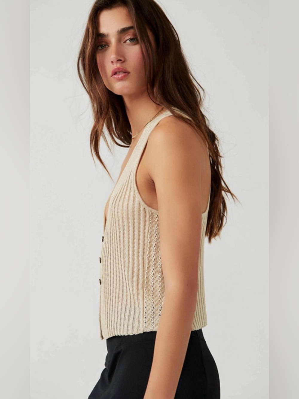 Free People Beige Knit Button-Front Cropped Camisole